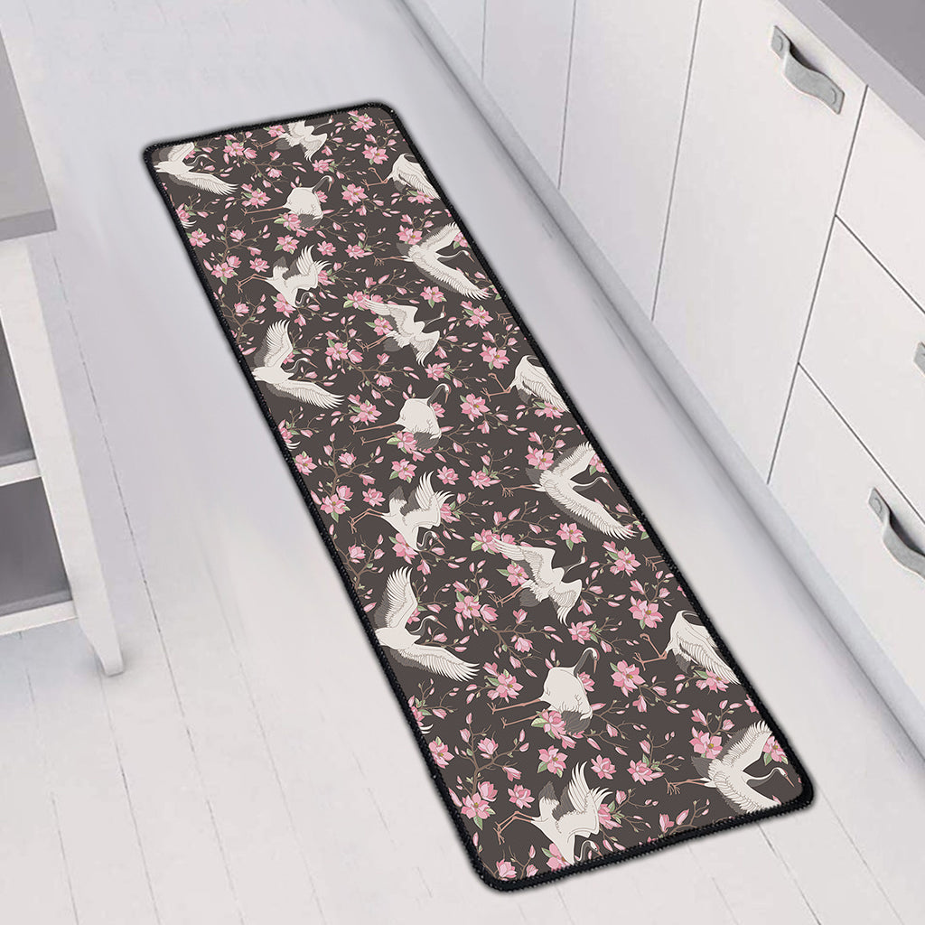 Crane Bird And Flower Pattern Print Long Kitchen Mat