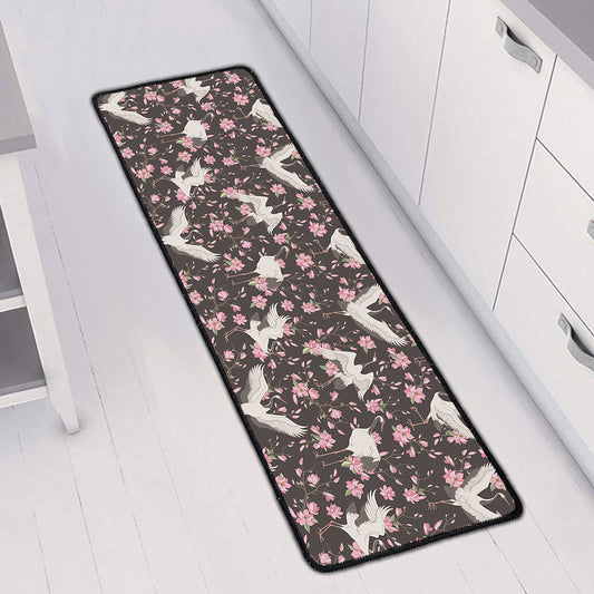 Crane Bird And Flower Pattern Print Long Kitchen Mat