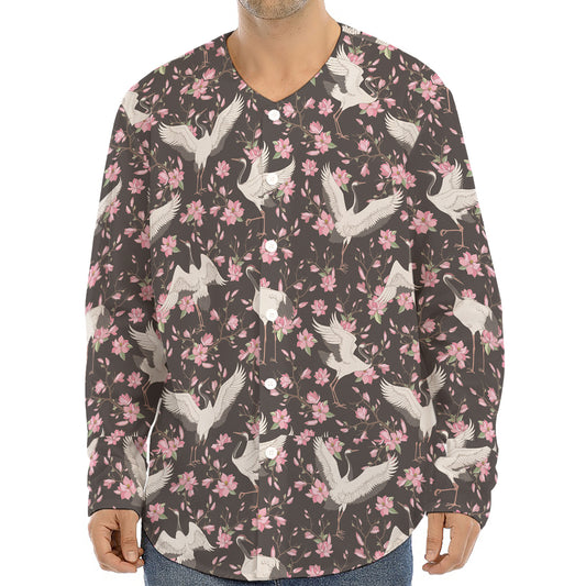 Crane Bird And Flower Pattern Print Long Sleeve Baseball Jersey