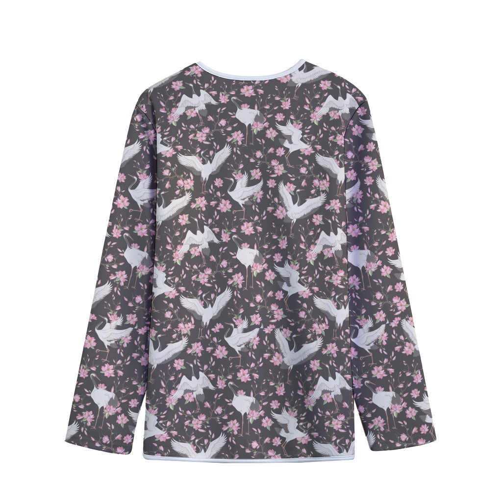 Crane Bird And Flower Pattern Print Long Sleeve Short Coat