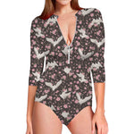 Crane Bird And Flower Pattern Print Long Sleeve Swimsuit