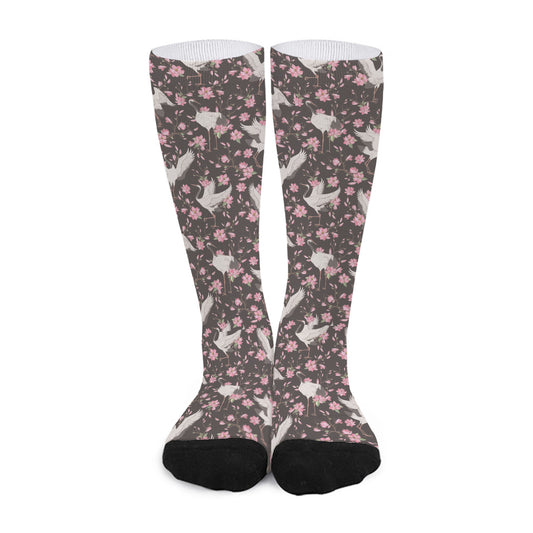 Crane Bird And Flower Pattern Print Long Socks