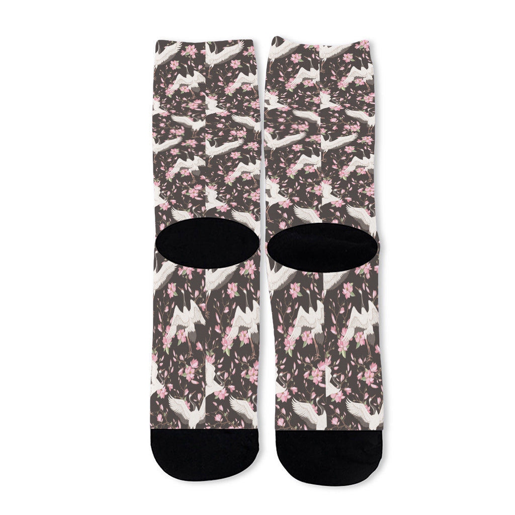 Crane Bird And Flower Pattern Print Long Socks