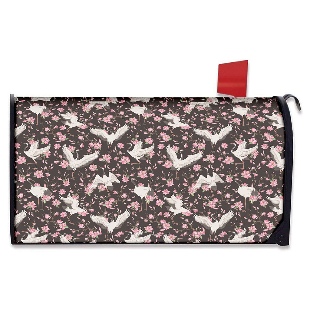 Crane Bird And Flower Pattern Print Mailbox Cover