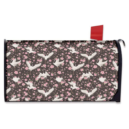 Crane Bird And Flower Pattern Print Mailbox Cover