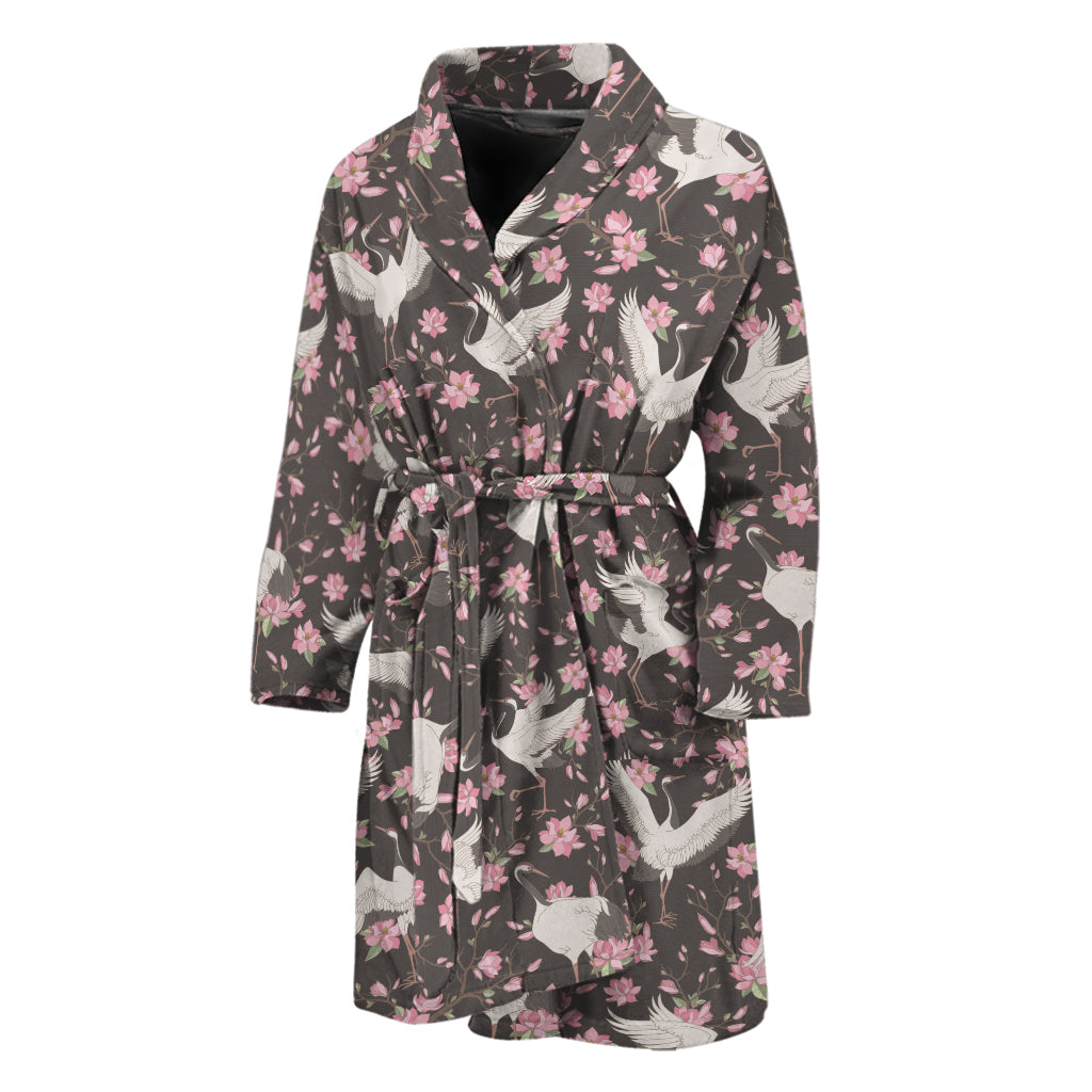 Crane Bird And Flower Pattern Print Men's Bathrobe