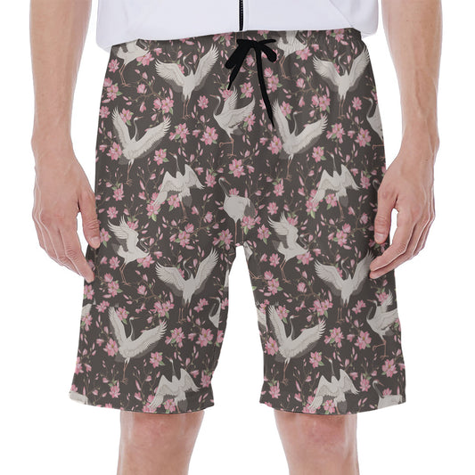 Crane Bird And Flower Pattern Print Men's Beach Shorts