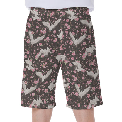 Crane Bird And Flower Pattern Print Men's Beach Shorts