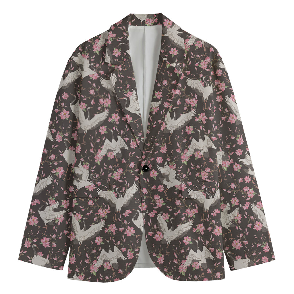 Crane Bird And Flower Pattern Print Men's Blazer