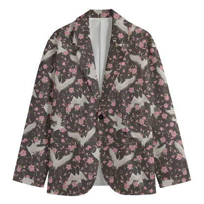 Crane Bird And Flower Pattern Print Men's Blazer