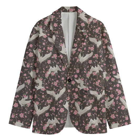 Crane Bird And Flower Pattern Print Men's Blazer