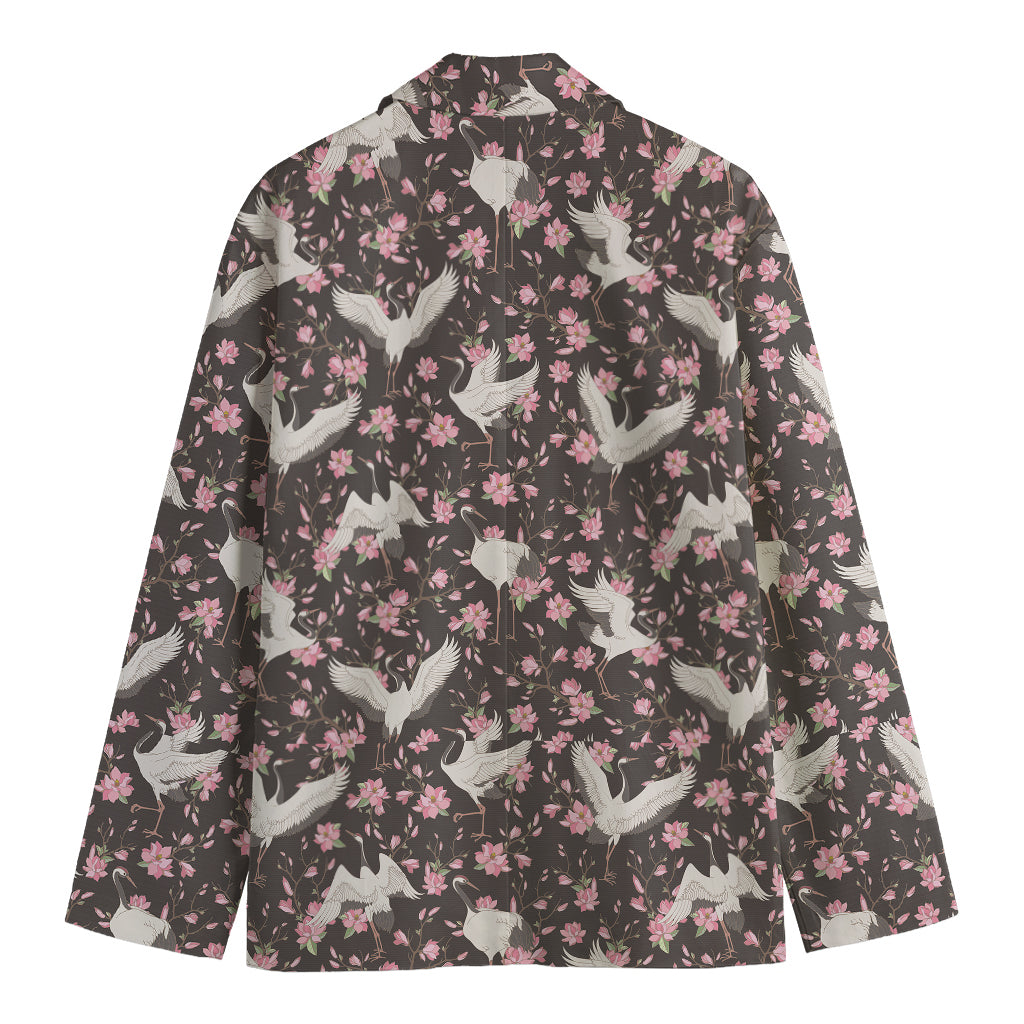 Crane Bird And Flower Pattern Print Men's Blazer