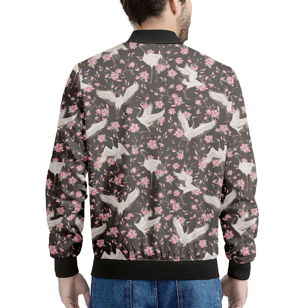 Crane Bird And Flower Pattern Print Men's Bomber Jacket