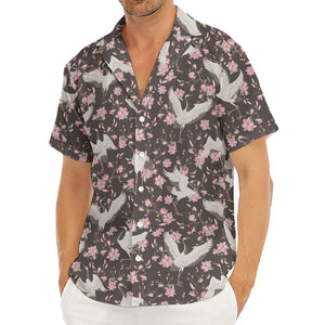 Crane Bird And Flower Pattern Print Men's Deep V-Neck Shirt