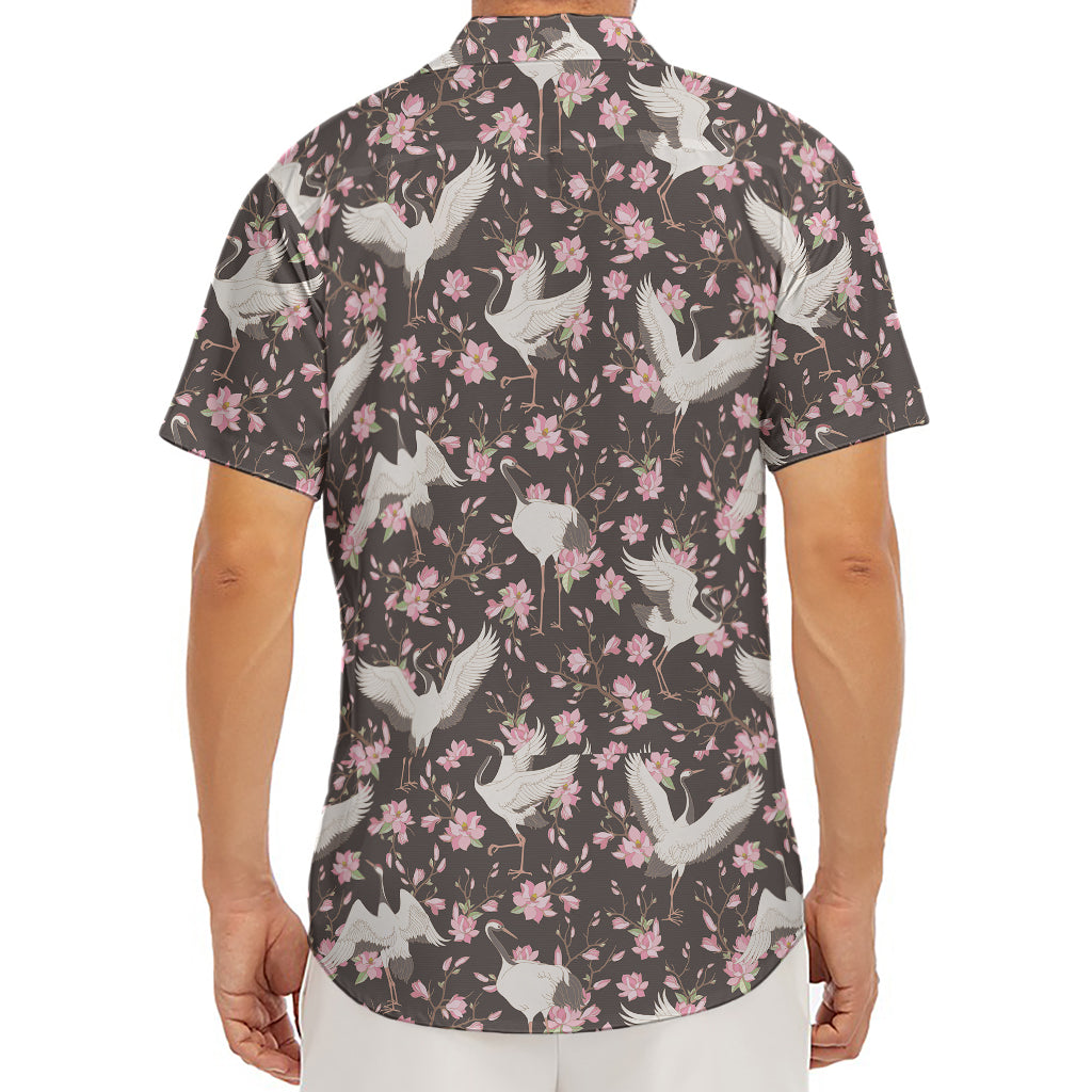 Crane Bird And Flower Pattern Print Men's Deep V-Neck Shirt