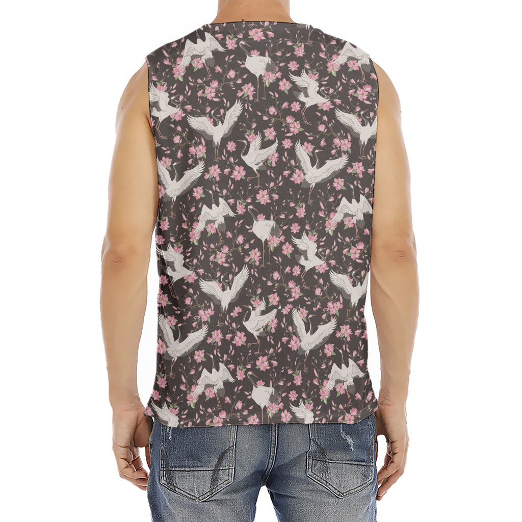 Crane Bird And Flower Pattern Print Men's Fitness Tank Top