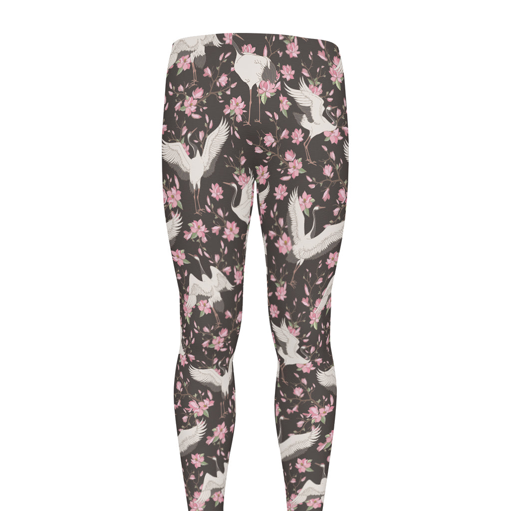 Crane Bird And Flower Pattern Print Men's leggings