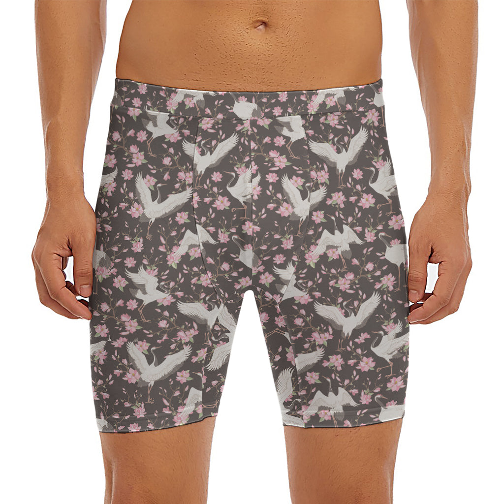 Crane Bird And Flower Pattern Print Men's Long Boxer Briefs