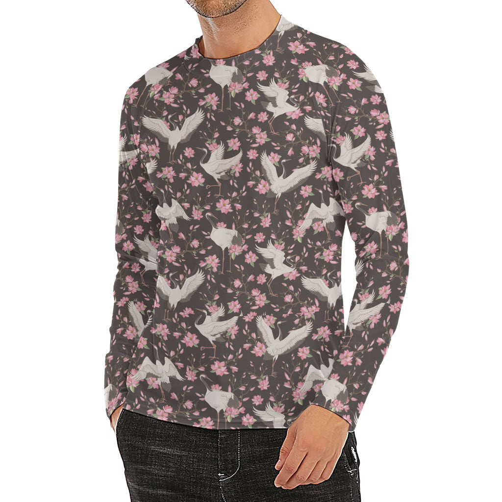 Crane Bird And Flower Pattern Print Men's Long Sleeve Rash Guard