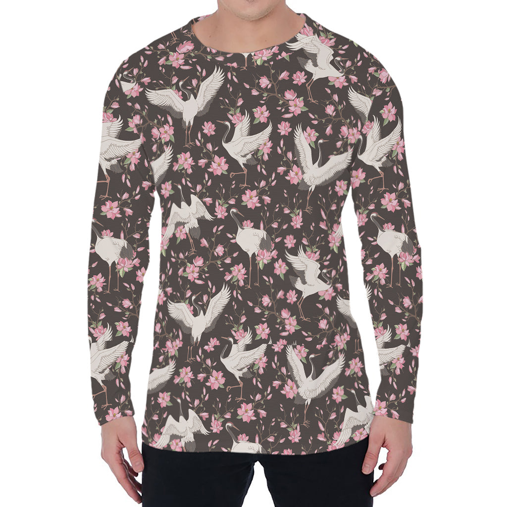 Crane Bird And Flower Pattern Print Men's Long Sleeve T-Shirt