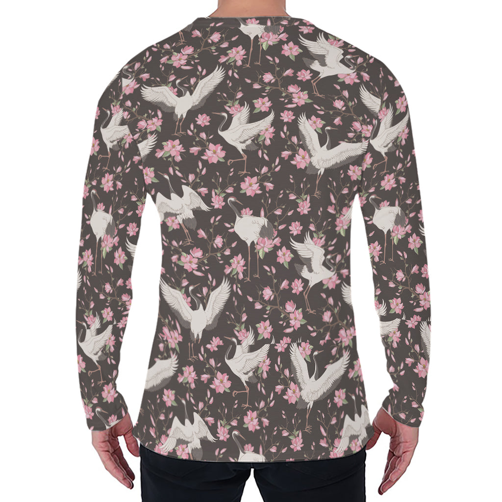 Crane Bird And Flower Pattern Print Men's Long Sleeve T-Shirt