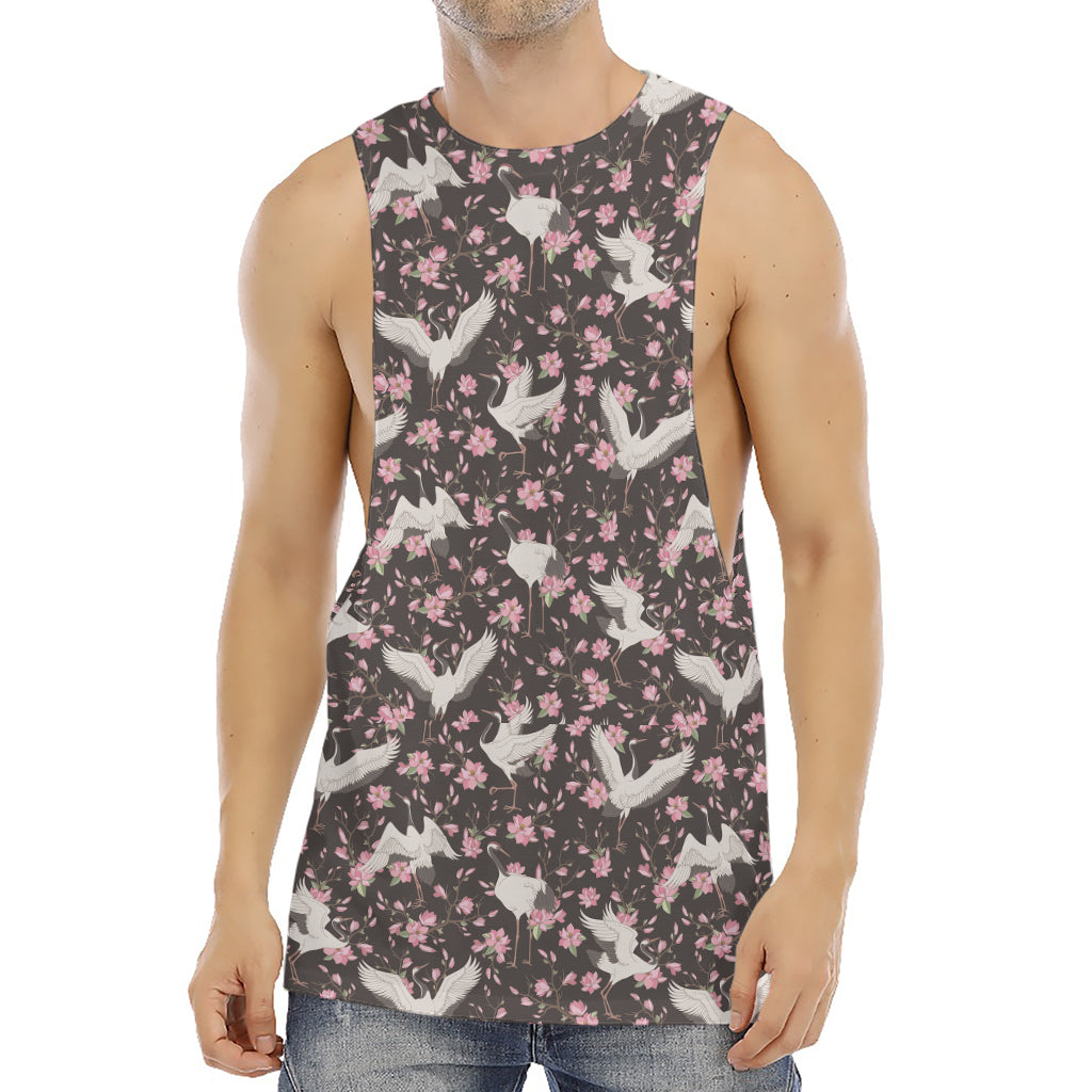 Crane Bird And Flower Pattern Print Men's Muscle Tank Top