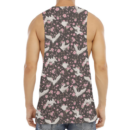 Crane Bird And Flower Pattern Print Men's Muscle Tank Top