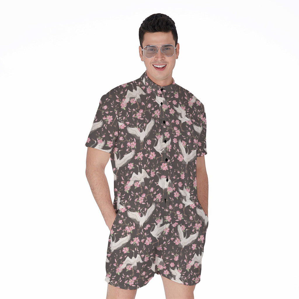 Crane Bird And Flower Pattern Print Men's Rompers