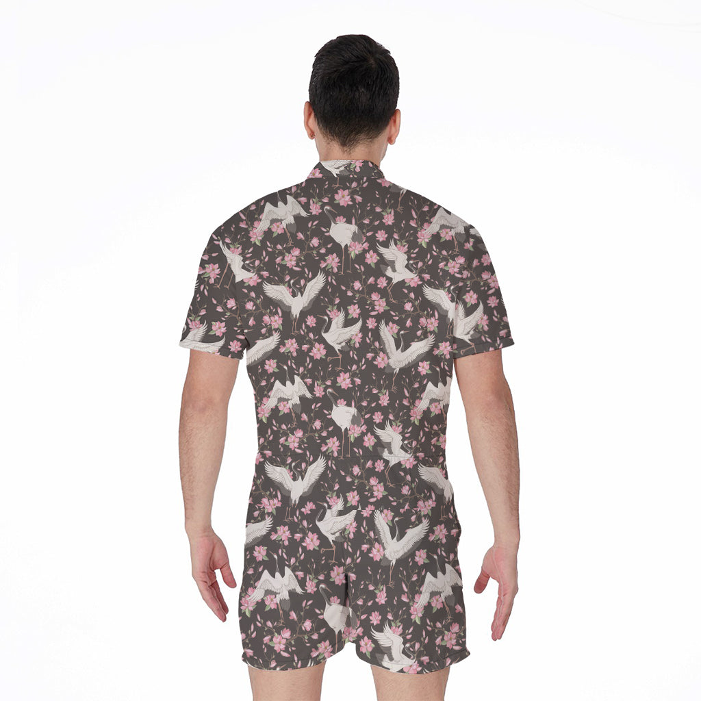 Crane Bird And Flower Pattern Print Men's Rompers