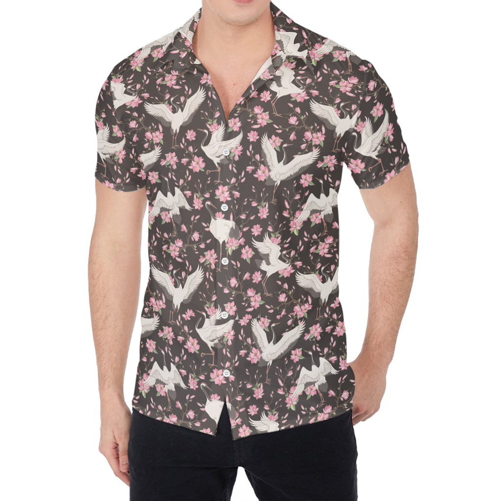 Crane Bird And Flower Pattern Print Men's Shirt