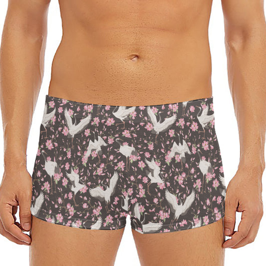 Crane Bird And Flower Pattern Print Men's Short Boxer Briefs