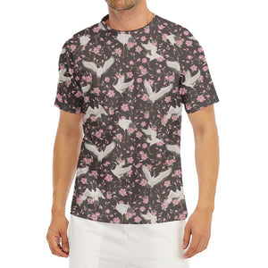 Crane Bird And Flower Pattern Print Men's Short Sleeve Rash Guard