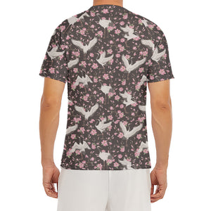 Crane Bird And Flower Pattern Print Men's Short Sleeve Rash Guard