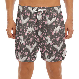 Crane Bird And Flower Pattern Print Men's Split Running Shorts