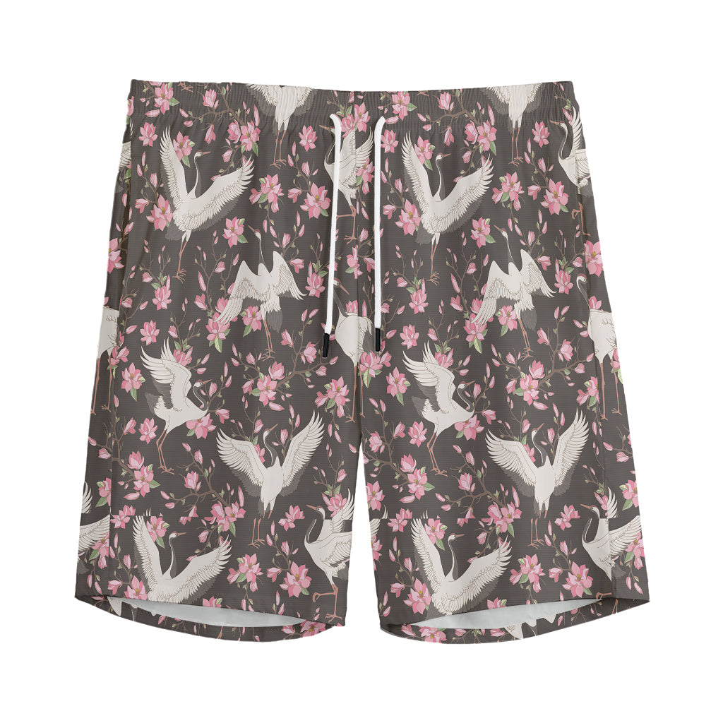 Crane Bird And Flower Pattern Print Men's Sports Shorts