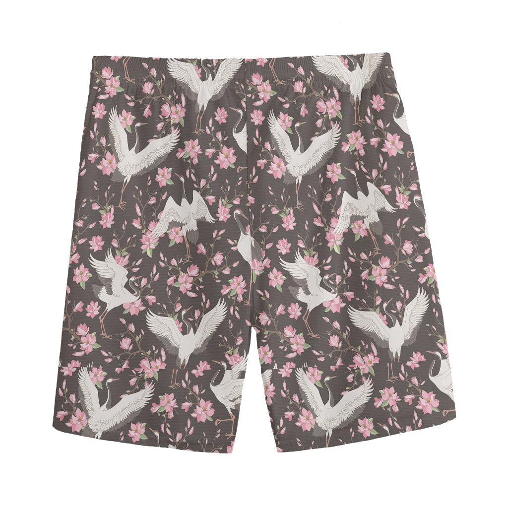 Crane Bird And Flower Pattern Print Men's Sports Shorts