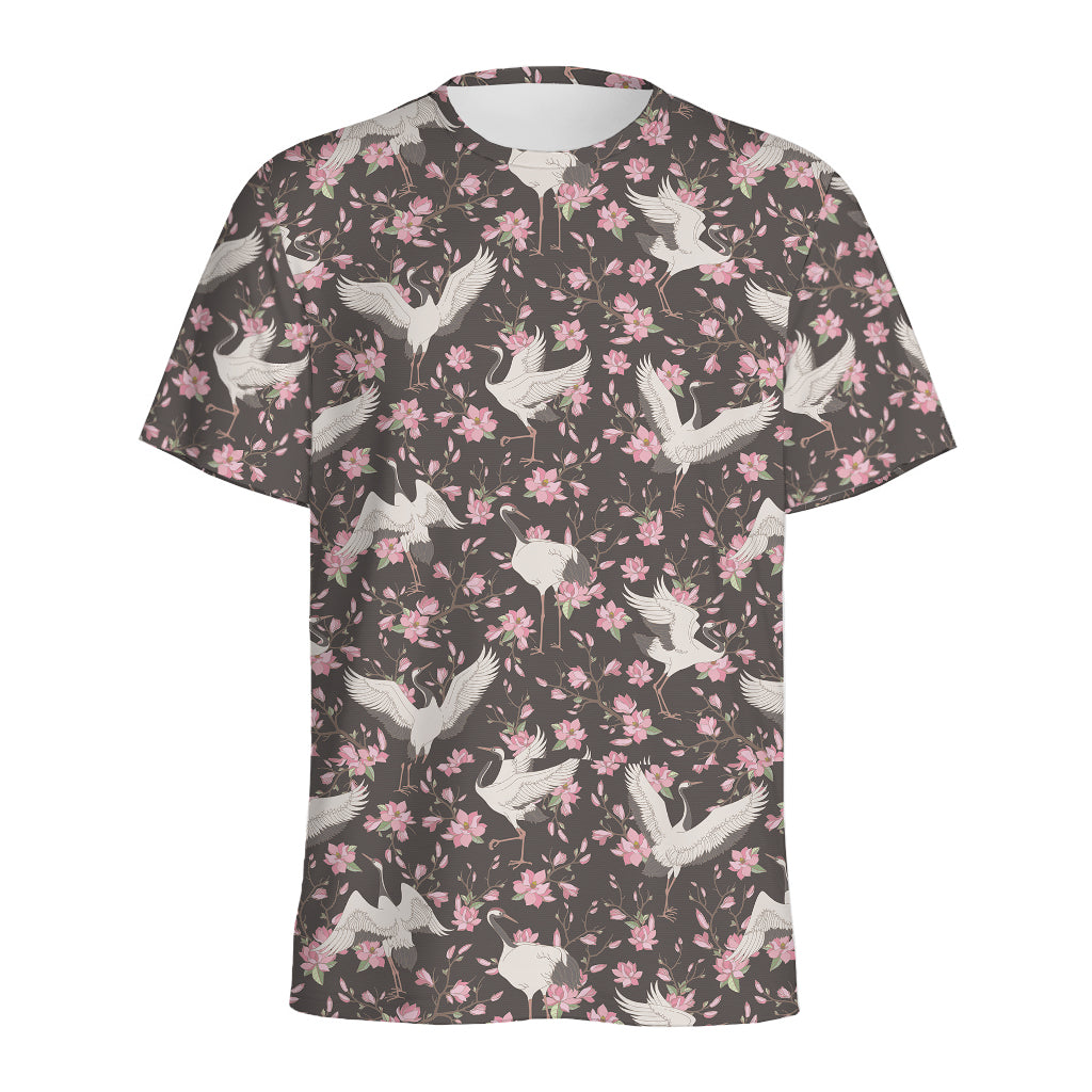 Crane Bird And Flower Pattern Print Men's Sports T-Shirt