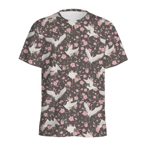 Crane Bird And Flower Pattern Print Men's Sports T-Shirt