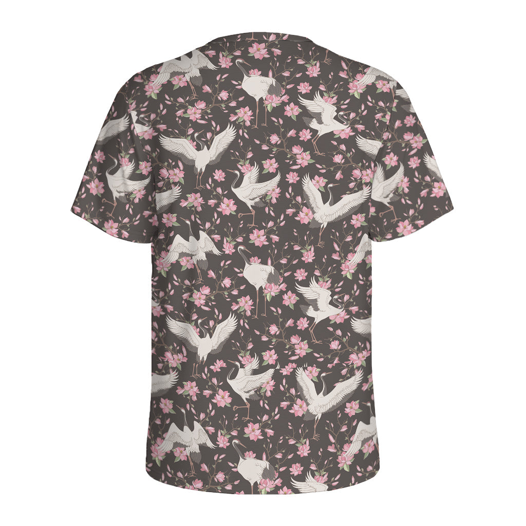 Crane Bird And Flower Pattern Print Men's Sports T-Shirt