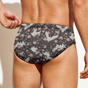 Crane Bird And Flower Pattern Print Men's Swim Briefs