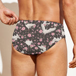 Crane Bird And Flower Pattern Print Men's Swim Briefs