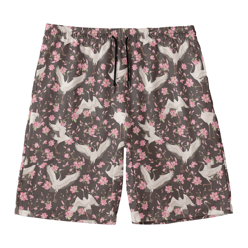 Crane Bird And Flower Pattern Print Men's Swim Trunks