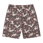 Crane Bird And Flower Pattern Print Men's Swim Trunks