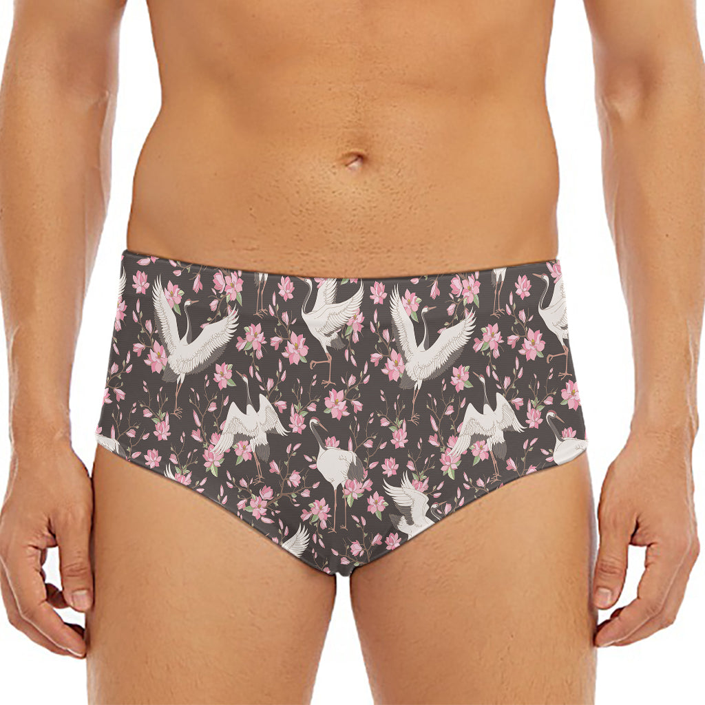 Crane Bird And Flower Pattern Print Men's Triangle Swim Briefs