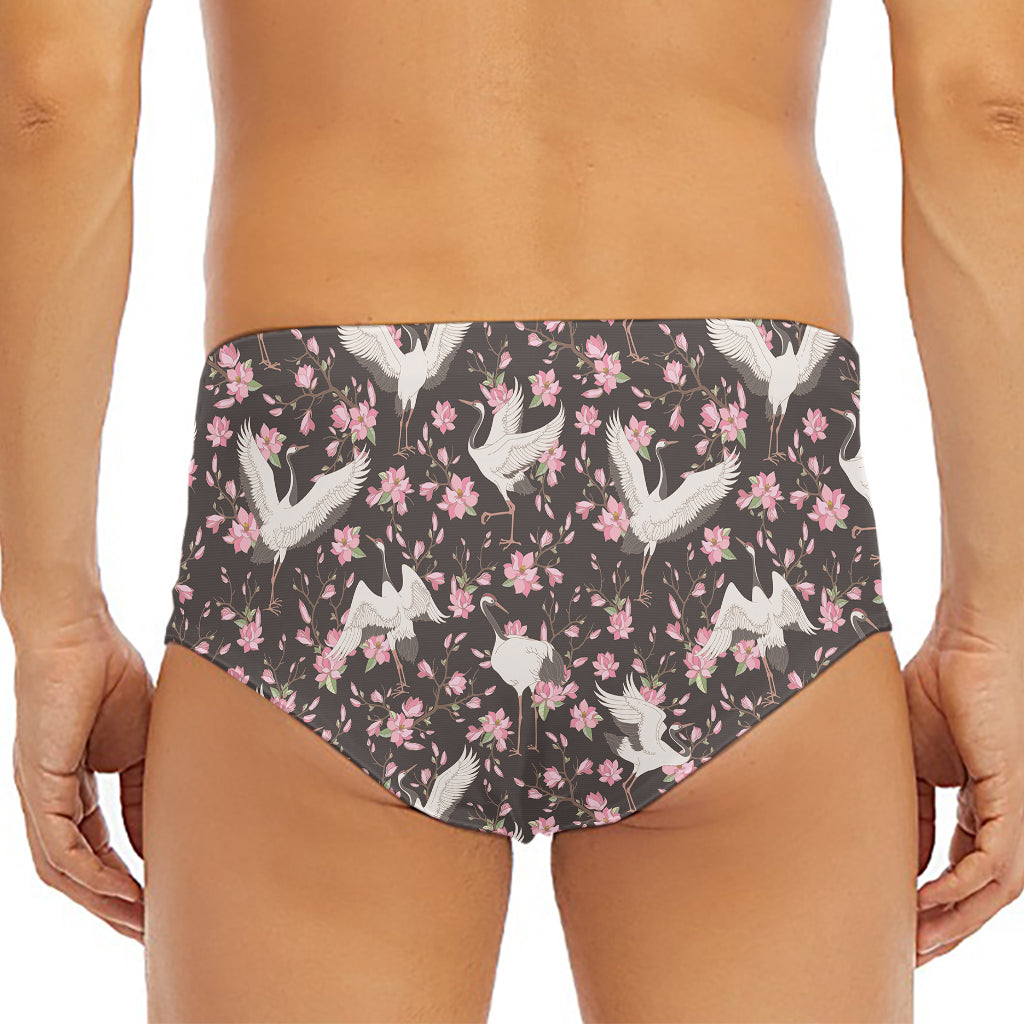 Crane Bird And Flower Pattern Print Men's Triangle Swim Briefs