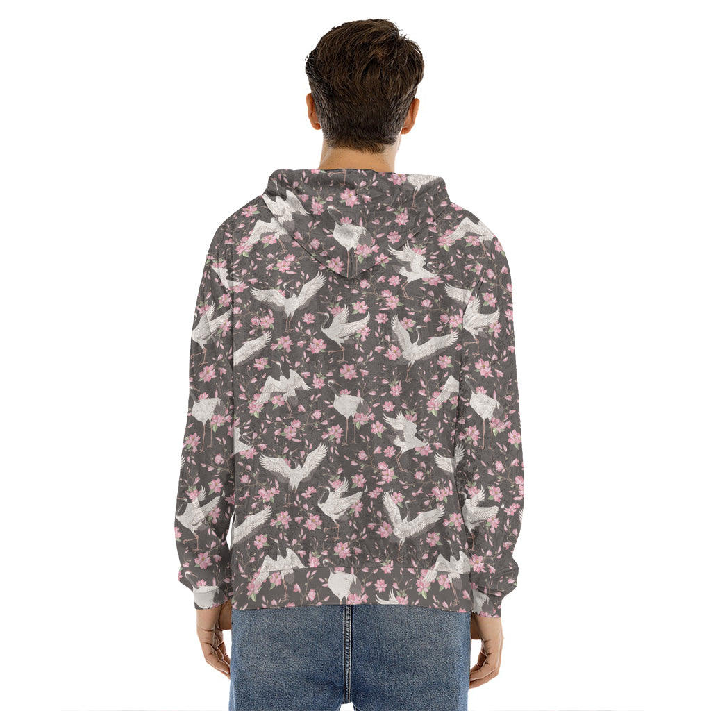 Crane Bird And Flower Pattern Print Men's Velvet Pullover Hoodie