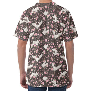 Crane Bird And Flower Pattern Print Men's Velvet T-Shirt