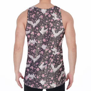 Crane Bird And Flower Pattern Print Men's Velvet Tank Top