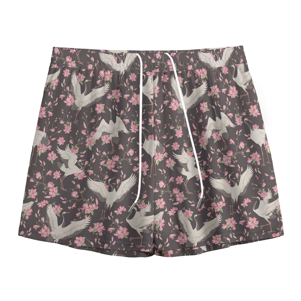 Crane Bird And Flower Pattern Print Mesh Shorts