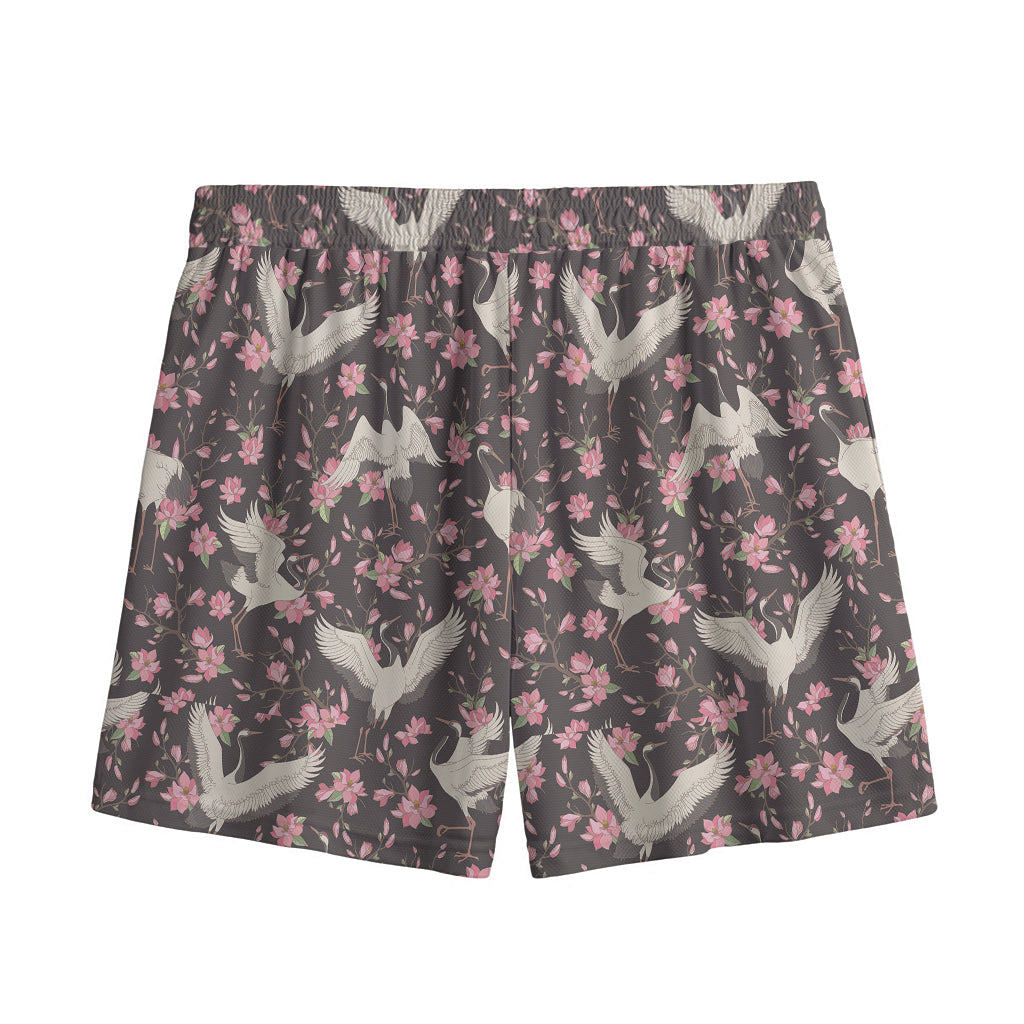 Crane Bird And Flower Pattern Print Mesh Shorts